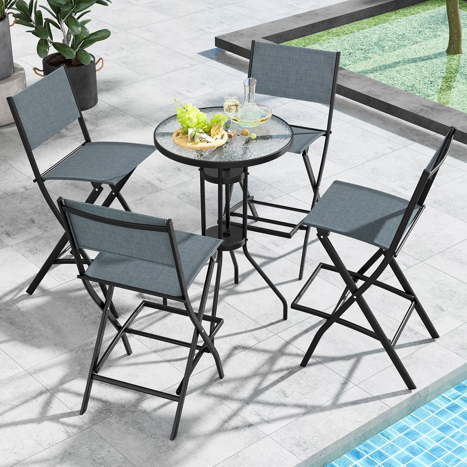 Folding Bar Height Stool with Metal Frame and Footrest-Blue